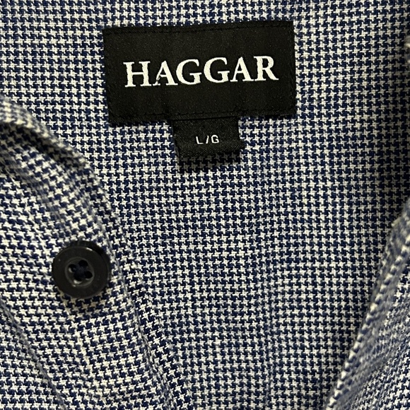 Haggar Mens Large Linen Blend Short Sleeve Button Up Shirt Blue & White Casual - Picture 3 of 10